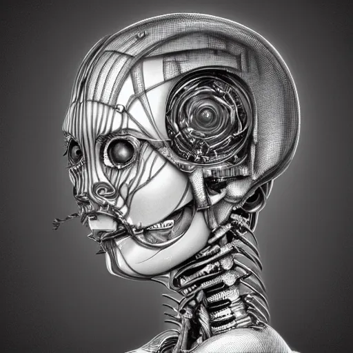 Image similar to 3 d portrait of a biomechanical cyborg by tony diterlizzi, tim burton, hr giger, ilford hp 5, 5 5 mm, machinecore by artgerm, 3 d render, gothcore, beeple, joseph leyendecker, carlo carra