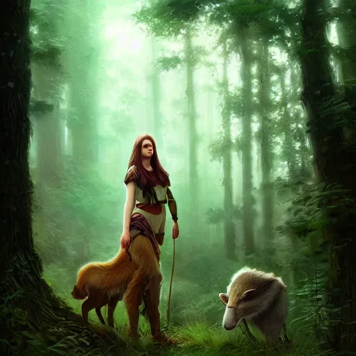 Image similar to a pretty female druid surrounded by forest animals, in the woods, hyper realistic, digital painting, photorealistic, in the style of greg rutkowski, highly detailed, cinematic