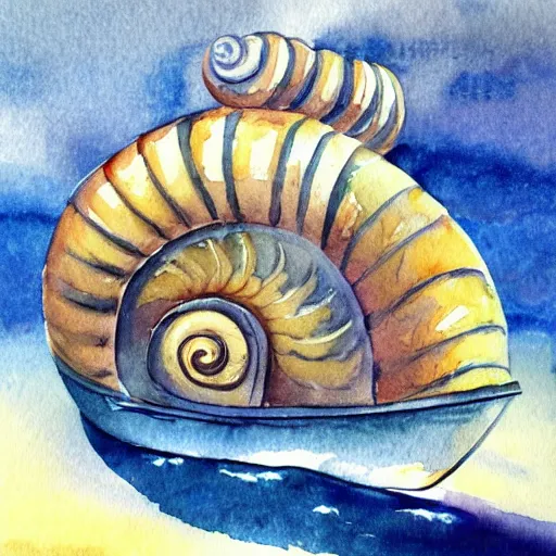 Image similar to a viking snail, on a ship at sea. watercolor painting