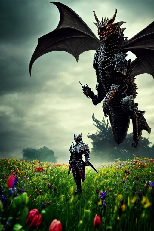 Image similar to hyperrealistic neo - gothic cinematic armored dragon holding sword in a field of flowers, highly detailed smooth digital art masterpiece, vitaly bulgarov dramatic low light, ground angle uhd 8 k, sharp focus