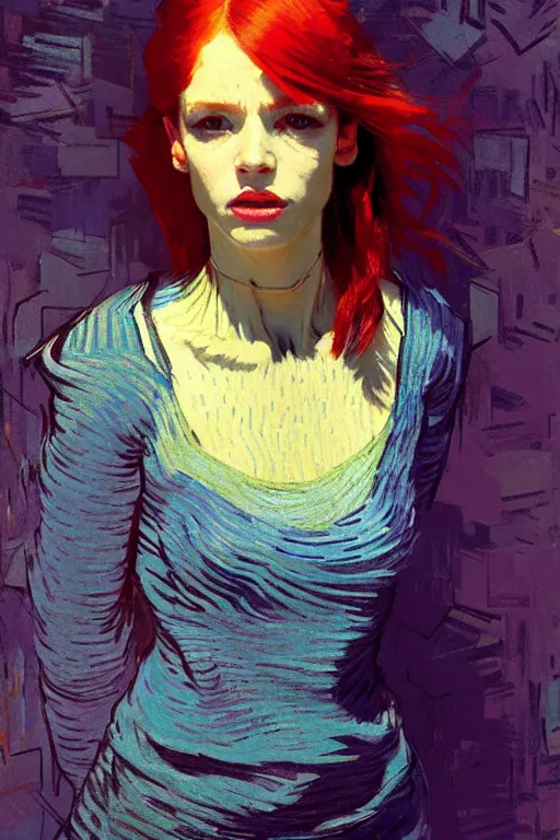 Image similar to portrait of a beautiful girl, redhead, shades of blue, beautiful face, rule of thirds, intricate outfit, spotlight, by greg rutkowski, by jeremy mann, by francoise nielly, by van gogh, digital painting