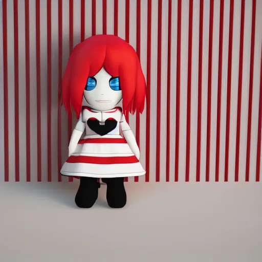 Image similar to cute fumo plush of a girl with a distinctive character silhouette, red stripes on black, cel shaded pbr, vray