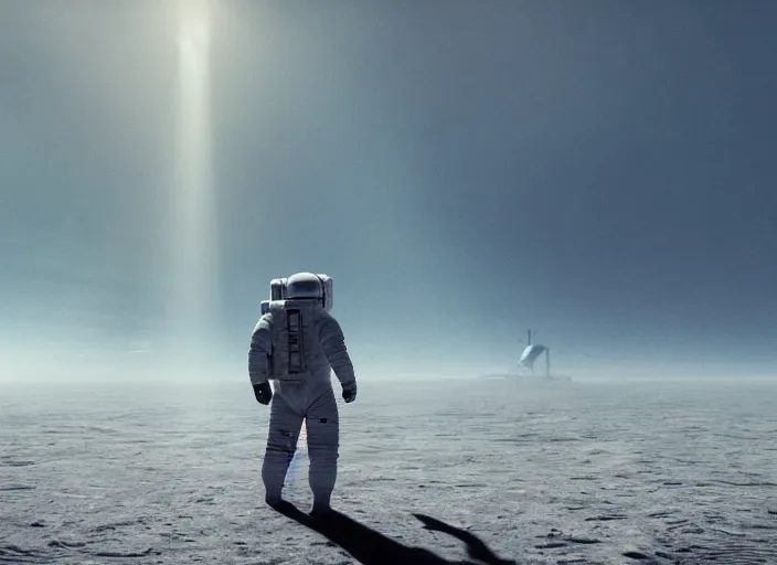 Image similar to astronaut holding a flag in an underwater desert. a submarine is visible in the distance. dark, concept art, cinematic, dramatic, atmospheric, 8 k, trending on artstation, blue, fish, low visibility, light rays, extremely coherent, bubbles, fog, ocean floor, christopher nolan, interstellar