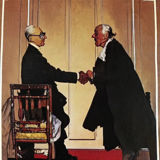 Image similar to norman rockwell painting of ben franklin shaking hands with dracula