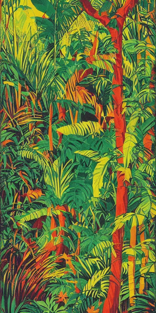 Prompt: poster of a colorful jungle landscape, (retro poster) by Reginald Montague Lander, By Tom Purvis, By Joseph Binder