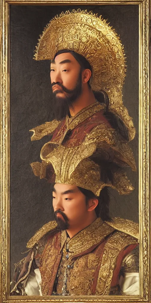 Prompt: Highly detailed and cinematic Renaissance period portrait oil painting Kublai Khan, an oil painting ((masterpiece)) by ((Josep Tapiró Baró)), dynamic lighting, 8K