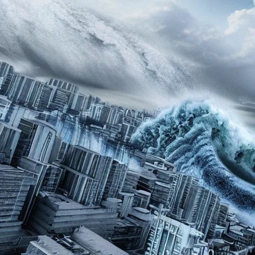 Prompt: 1 0 0 m high tsunami wave hits a city, highly detailed, 3 d octane render, epic lighting