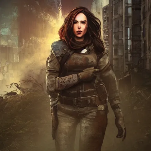 Image similar to fallout 5, charismatic beautiful rugged brunette female protagonist, portrait, outdoors ruined cityscape, atmospheric lighting, painted, intricate, volumetric lighting, beautiful, daytime, sunny weather, slight overcast, sharp focus, deep colours, ultra detailed, by leesha hannigan, ross tran, thierry doizon, kai carpenter, ignacio fernandez rios