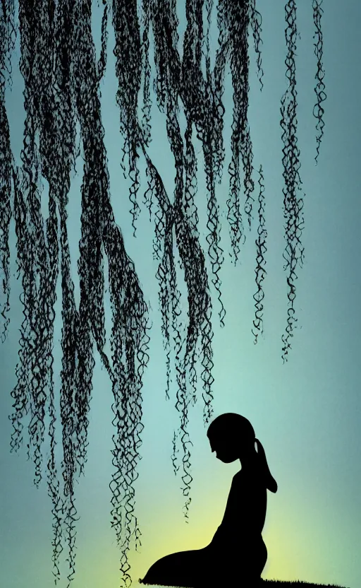 Image similar to silhouette of little girl sitting on a weeping willow tree, book cover