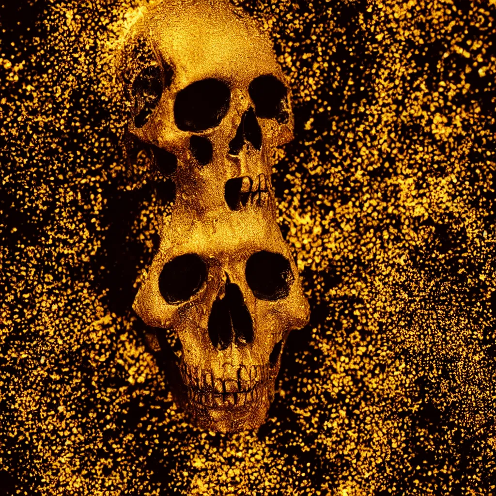 Image similar to black skull covered in thick dripping golden honey, golden hour, viscous, light rays, light bloom, bokeh, beautiful scene, white backdrop, professional studio product photography, HD render, octane render, VRAY, 8K, 4K