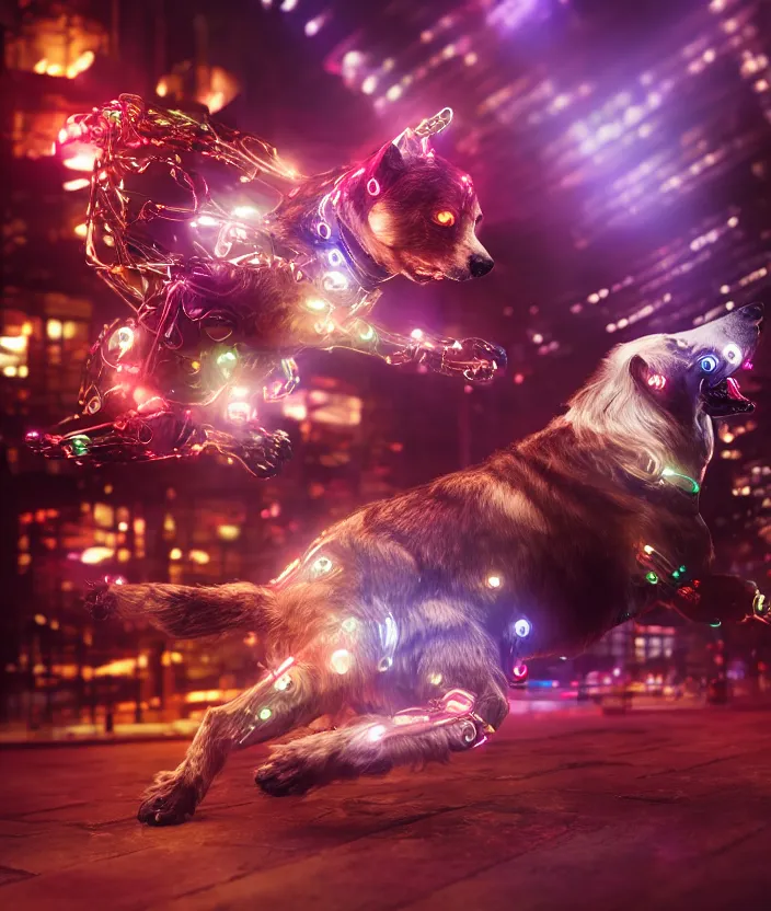 Image similar to japanese model cyborg dog with digital led skin, neon lighting, techno neon projector background, family photo, intricate details, ultra realistic, unreal engine 5, depth of field, bokeh, octane render