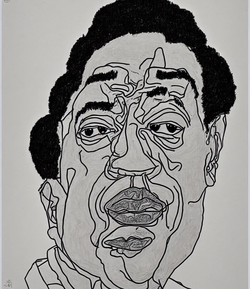 Prompt: detailed line art portrait of duke ellington, inspired by egon schiele. caricatural, minimalist, bold contour lines, musicality, soft twirls curls and curves, confident personality, raw emotion