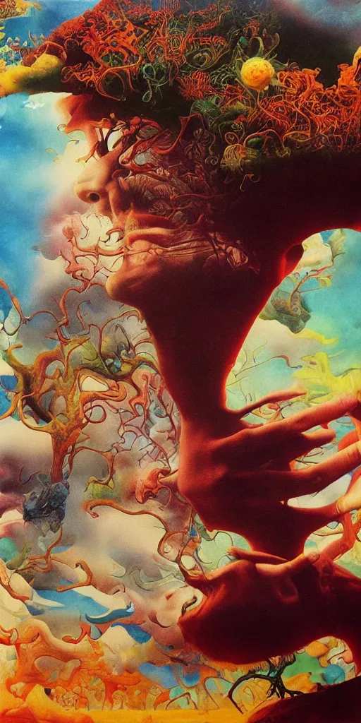 Image similar to ultrawide angle colour masterpiece surreal closeup portrait photography of jimi hendrix playing on stage by miho hirano and annie leibovitz and michael cheval, weird surreal epic psychedelic complex biomorphic 3 d fractal landscape in background by kilian eng and roger dean and salvador dali and beksinski, 8 k