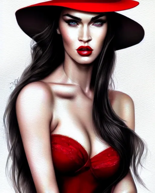 Prompt: megan fox with heavy eye makeup, fedora hat and red dress, seductive lingeries, intricate, glamorous pose, sharp focus, illustration, highly detailed, digital painting, concept art, art by wlop and artgerm and ross tran, masterpiece, red and white and black colors, charlie bowater, loish