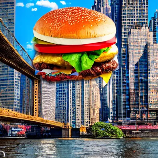 Prompt: Giant delicious burger and fries, falling apart, plunges dynamically into New York city river, cheese flying, wacky, psychedelic, digital art