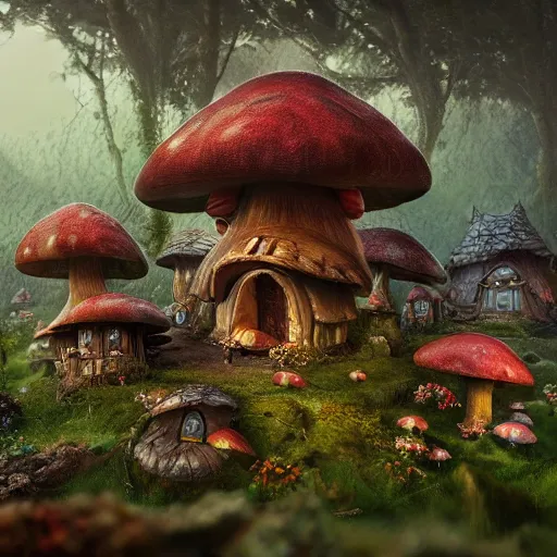 Prompt: a fairy mushroom house village, fantasy, hyper detailed, cinematic atmosphere, arnold render, trending on artstation, cgsociety