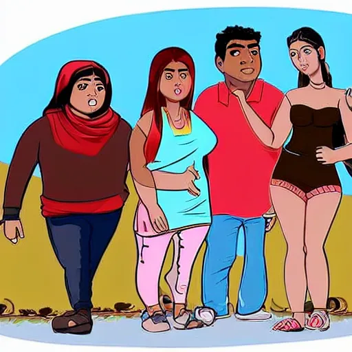 Image similar to cartoon of a short brown indian man migit walking with a young asian woman, a thick white blonde teenage girl, and a thick juicy spanish teenage girl, and a black bodacious babe in a small town in india all wearing clothes