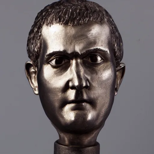 Prompt: metal bust of artist christian funnell, accurate likeness