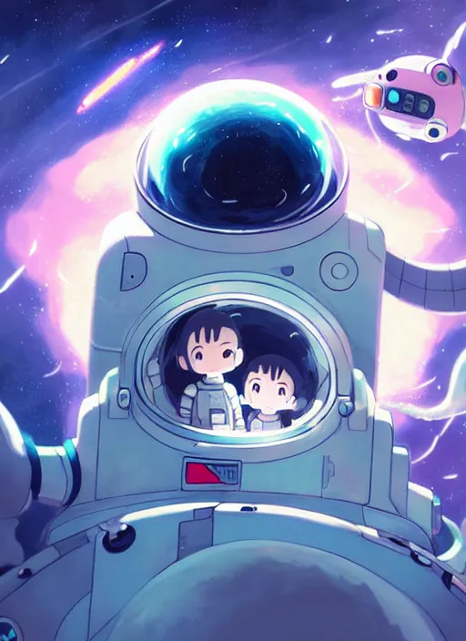 Image similar to portrait of cute kawaii astronaut android floating around a large biomechanical kaiju dragon, nebulous background of dynamic space, a dramatic composition by wlop and greg rutkowski and makoto shinkai and studio ghibli and kyoto animation cute bubbly clothing