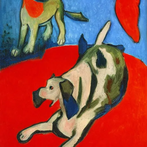 Prompt: dog with red fishes, by matisse, oil on canvas