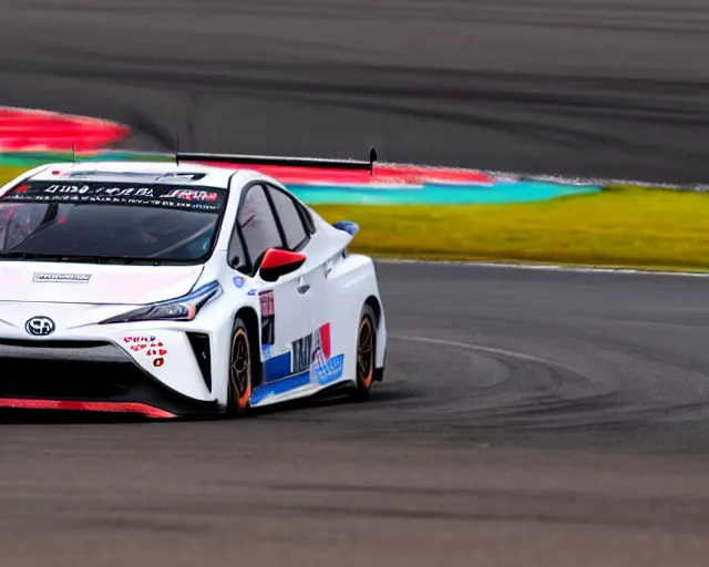 Prompt: 2022 Toyota Prius GT3 crossing the finish line at Silverstone