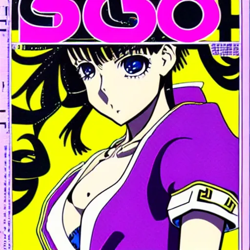 Image similar to 1993 Magazine Cover Anime key visual of a Versace girl; official media; typography; drawn by Hirohiko Araki; Jojo's Bizarre Adventure; Jojolion