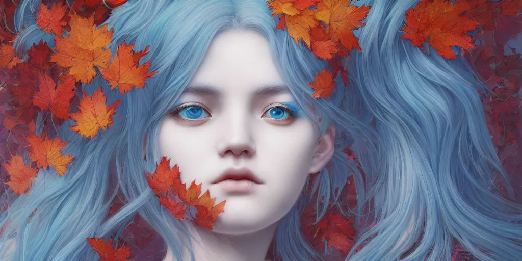 Image similar to breathtaking detailed concept art painting pattern of blue hair faces goddesses amalgamation autumn leaves with anxious piercing eyes, by hsiao - ron cheng and james jean, pastel colors, bizarre compositions, exquisite detail, 8 k