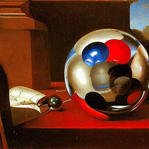 Prompt: chrome spheres on a red cube by jan steen