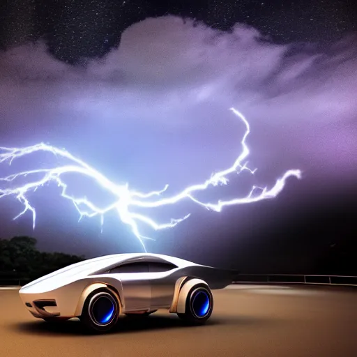 Image similar to futuristic flying car in a night sky thunderstorm, emerging from a circular portal made of lightning, 8k 28mm cinematic photo