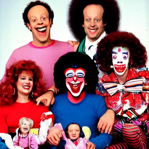 Prompt: vintage 1 9 8 0's sitcom publicity photo, a happy photogenic family and richard simmons as a clown inside a 1 9 8 0's sitcom living room, correct faces, symmetrical faces