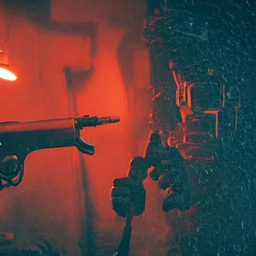 Image similar to gun made from old egg beater, balding older cyborg repairing, red hot soldering iron, dark messy smoke - filled cluttered workshop, dark, dramatic lighting, orange tint, cinematic, highly detailed, sci - fi, futuristic, movie still from blade runner