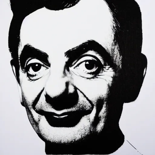 Image similar to a portrait of Mr Bean, made by Andy Warhol, two tone, very high contrast, only black and white, simplistic, extremely high contrast, two tone, notan art, by Andy Warhol, minimalistic,