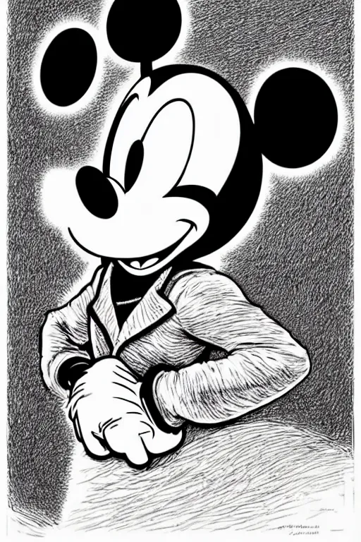 Prompt: a vibrant!!! ultraclear sideview waist up portrait of mickey mouse wearing black cape hoodie by laurie greasley and rene magritte, etching by gustave dore, intricate, sharp focus, illustration, highly detailed, digital painting, concept art, masterpiece