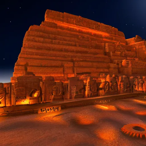 Image similar to lemuriab temple with carved hieroglyphs, mars landscape, martian lights and colors,