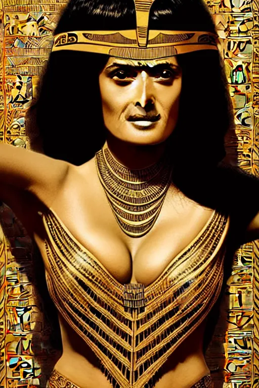 Image similar to Portrait of Salma Hayek as Cleopatra, intricate art deco leaf designs, elegant, highly detailed Egyptian patterns, hieroglyph, sharp focus, art by Artgerm and beeple