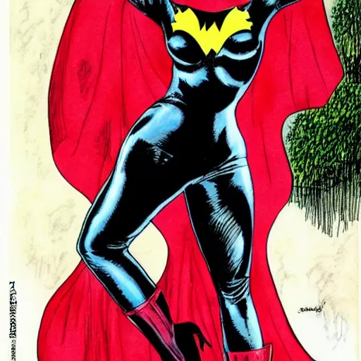 Image similar to scarlett johansson in tights as bat woman by milo manara.