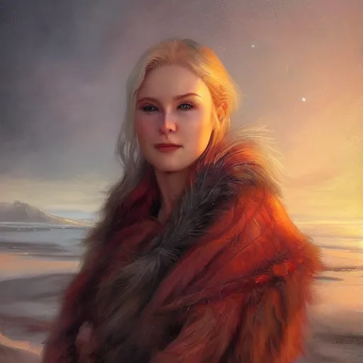 Image similar to portrait of a icelandic woman ( 3 5 ) from iceland in 2 0 2 1, an oil painting by ross tran and thomas kincade