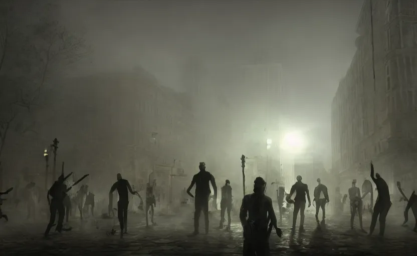 Image similar to Dan Pietro plaza invaded by zombies, epic, mystery, dense fog dusk, highly detailed, cinematic, 8k