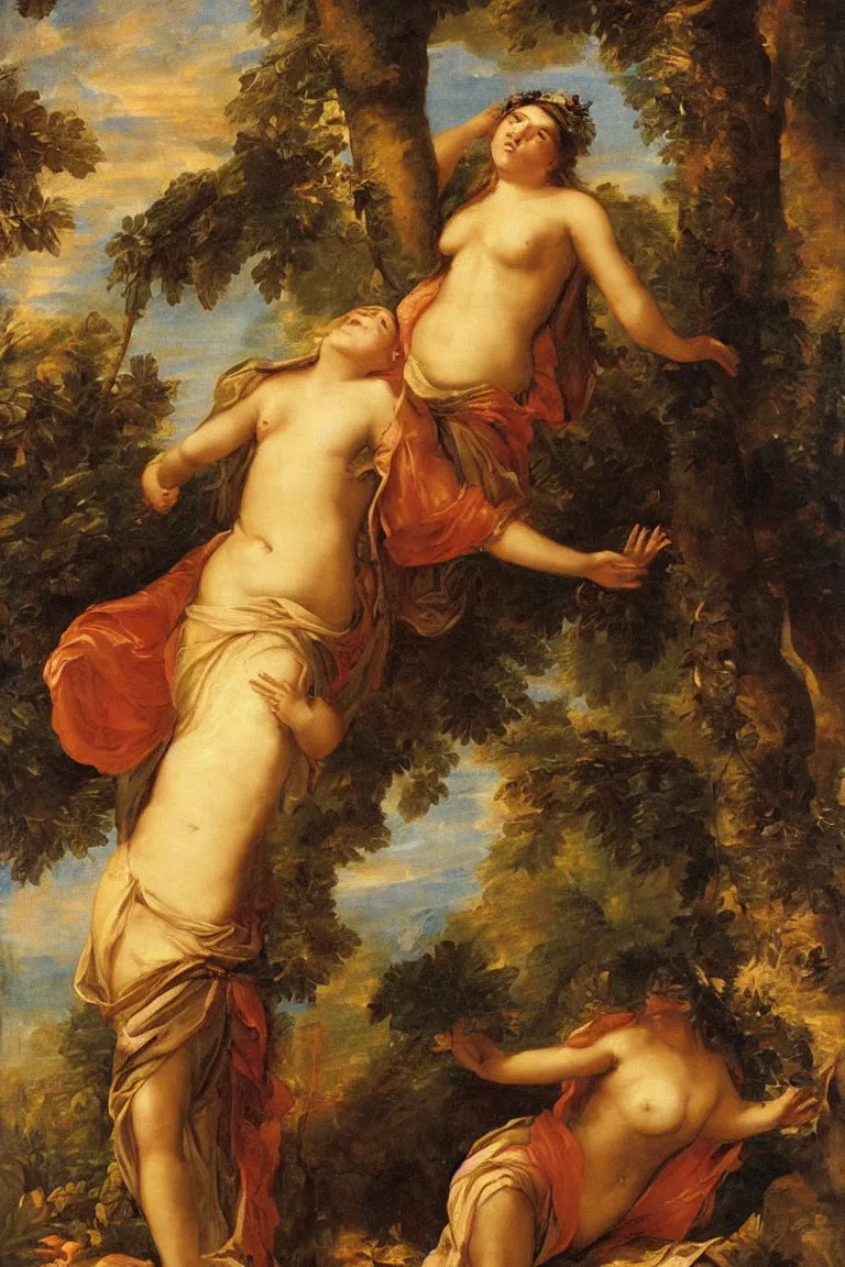 Prompt: beautiful oil painting of a Greek goddess, toga, forest, symmetrical face, large eyes, magical, mythology, sunset, birds, by Titian and Alexander Roslin, masterpiece