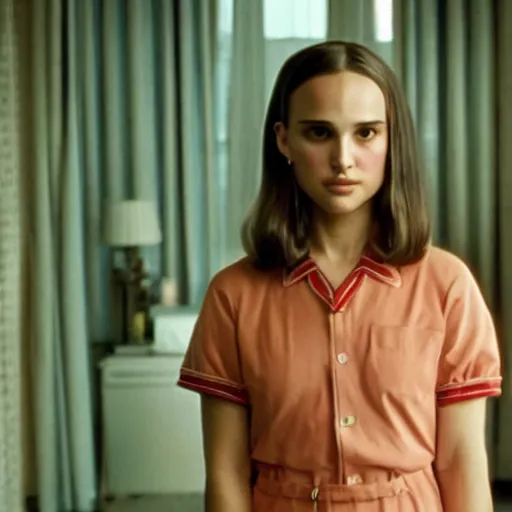 Image similar to Portrait of young Natalie Portman in a Wes Anderson movie, 4k cinematic quality, bluray image