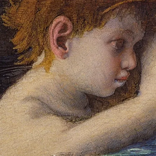 Prompt: Peter pan taking a bath in the river,close up ,by Leonardo DaVinci