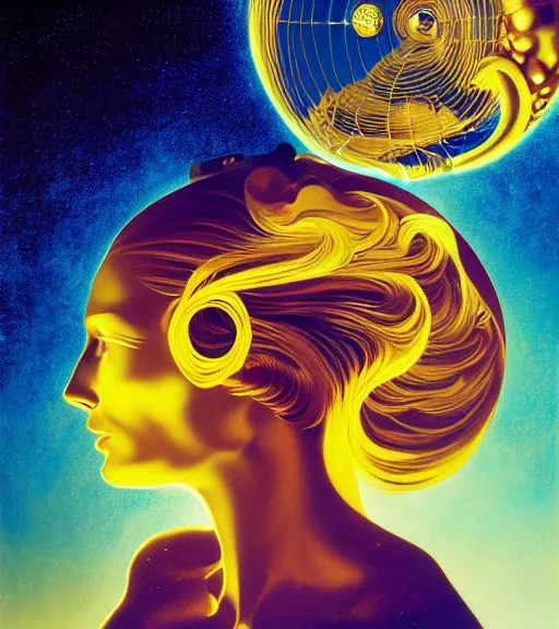 Image similar to a golden woman 2/3 portrait, in space, head breaking apart and spiraling geometry into the sky upwards, 3 point perspective, lazer beaming down to top of her head, by james jean, by frank frazetta, by roger dean, by syd mead artgerm, XF IQ4, f/1.4, ISO 200, 1/160s, 8K, RAW, featured in artstation, octane render, cinematic, elegant, intricate, 8k