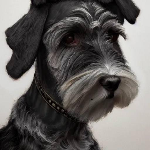 Image similar to portrait of stoic looking miniature schnauzer, military uniform, black fir, white eyebrows, fantasy, intricate, elegant, highly detailed, centered, dark, smokey, charcoal painting, digital painting, artstation, concept art, smooth, sharp focus, illustration, art by artgerm and greg rutkowski and alphonse mucha