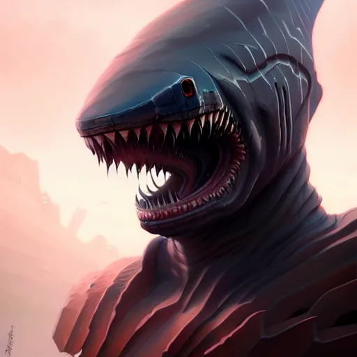 Image similar to professional ominous concept art portrait of a shark - human chimera character by artgerm and greg rutkowski. an intricate, elegant, highly detailed digital painting, concept art, smooth, sharp focus, illustration, in the style of simon stalenhag, wayne barlowe, and igor kieryluk.