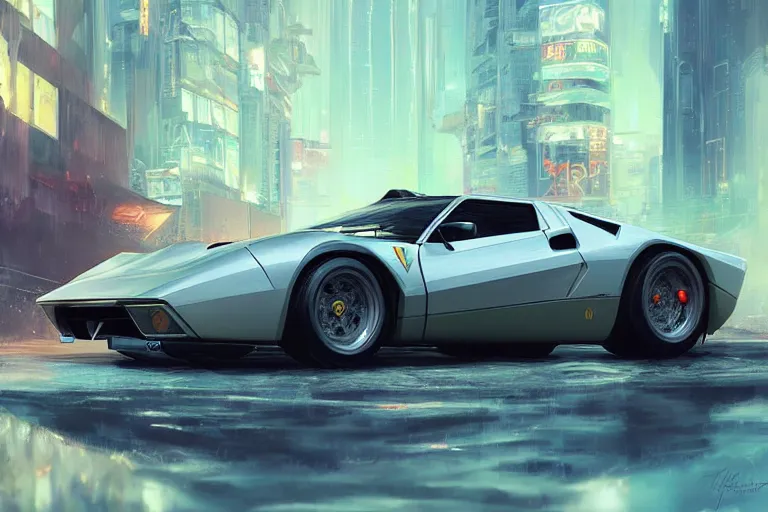 Image similar to luxury cyberpunk Ferrari 288 GTO, highly detailed, digital painting, artstation, concept art, sharp focus, illustration, art by artgerm and greg rutkowski and alphonse mucha