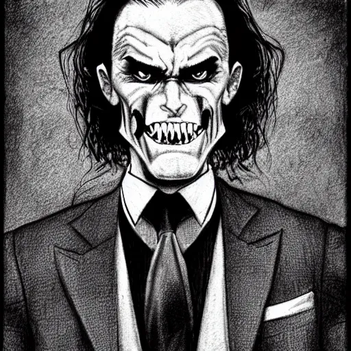 Prompt: a handsome vampire in a suit and tie growling, character portrait, detailed ink drawing, black and white, 9 0 s vibe, concept art by tim bradstreet