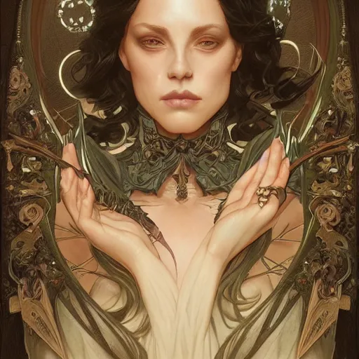 Image similar to A witch, closeup, D&D, intricate, elegant, highly detailed, digital painting, artstation, concept art, matte, sharp focus, illustration, art by Artgerm and Greg Rutkowski and Alphonse Mucha]