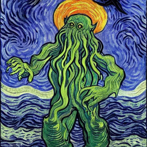 Prompt: cthulhu coming from the night sky of a city, painting by van gogh