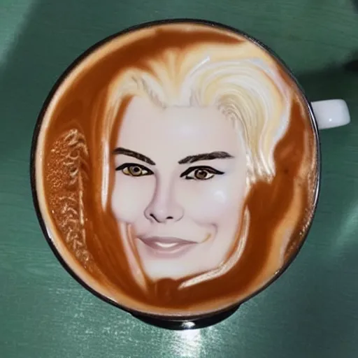 Image similar to photo of a cup of coffee with margot robbie latte art, highly detailed