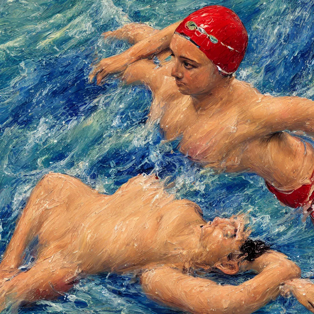 Prompt: 3d high relief painting of female swimmer painted in the style of the old masters, painterly, thick heavy impasto, expressive impressionist style, painted with a palette knife